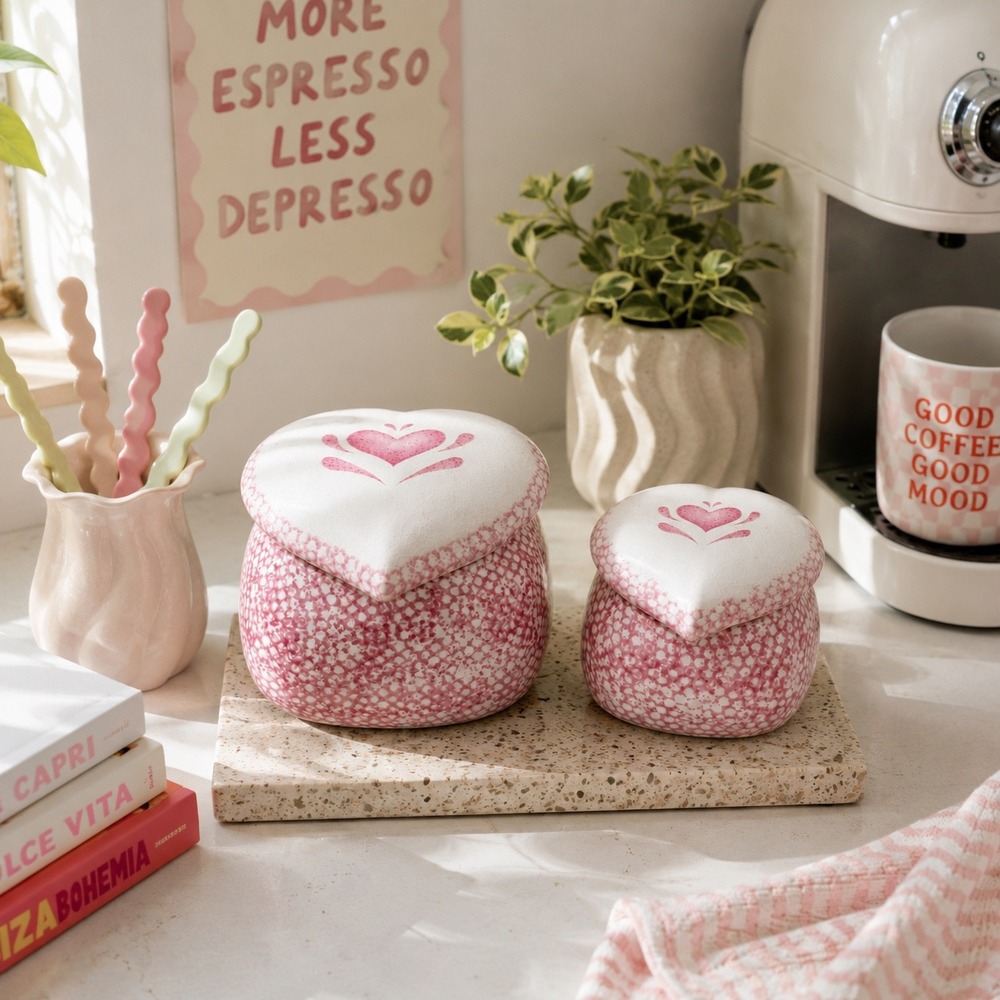 Vintage Pink Heart Ceramic Canister Set of 2 Spongeware Lidded Jars Trinket Pots